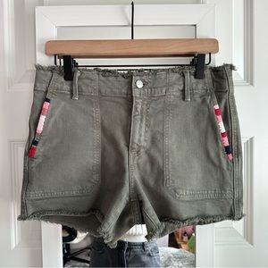 Sundry Army Green Frayed Trim Embroidered Shorts 27